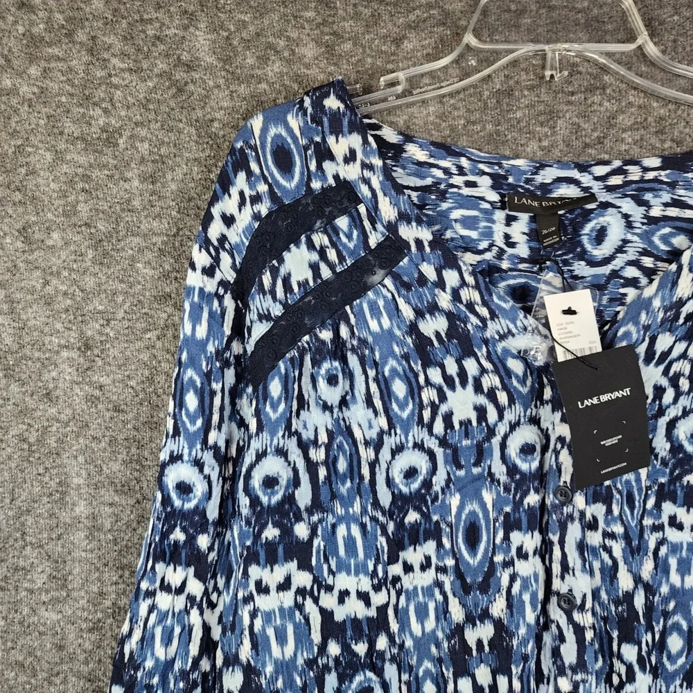 Lane Bryant Blouse Women Size 26/28 Blue Ikat Lace Accent Balloon Sleeve NWT